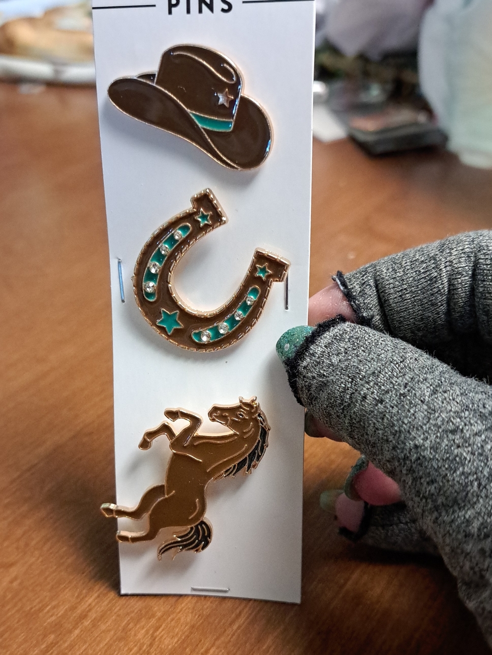 Brown and Teal Horse, Horseshoe & Cowboy Hat Enamel Pin Set - Kids Accessories